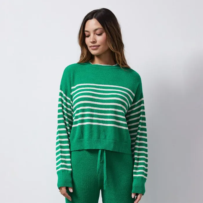 MONROW KNITS Boucle Knit Stripe Sweater Parsley Cream 8211 Shop