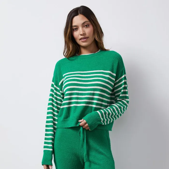 MONROW KNITS Boucle Knit Stripe Sweater Parsley Cream 8211 Shop