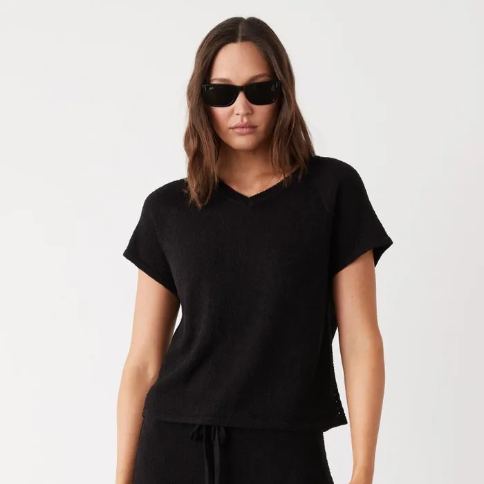 MONROW KNITS Boucle Knit Vneck Black 8211 Shop