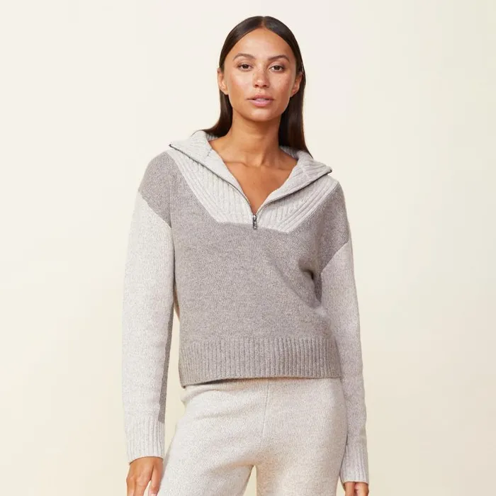 MONROW KNITS Wool Cashmere Marled Colorblock Half Zip Sweater Granola Oatmeal 8211 Shop