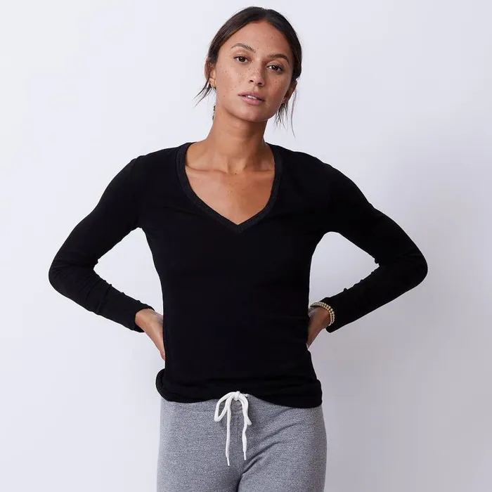 MONROW LONG SLEEVE Textured TriBlend Fitted Long Sleeve V Neck Tee Black 8211 Shop