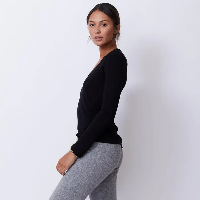 MONROW LONG SLEEVE Textured TriBlend Fitted Long Sleeve V Neck Tee Black 8211 Shop