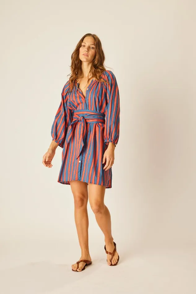 Natalie Martin ALEX SHORT DRESS WITH SASH Batik Stripe Sage Shop Dresses