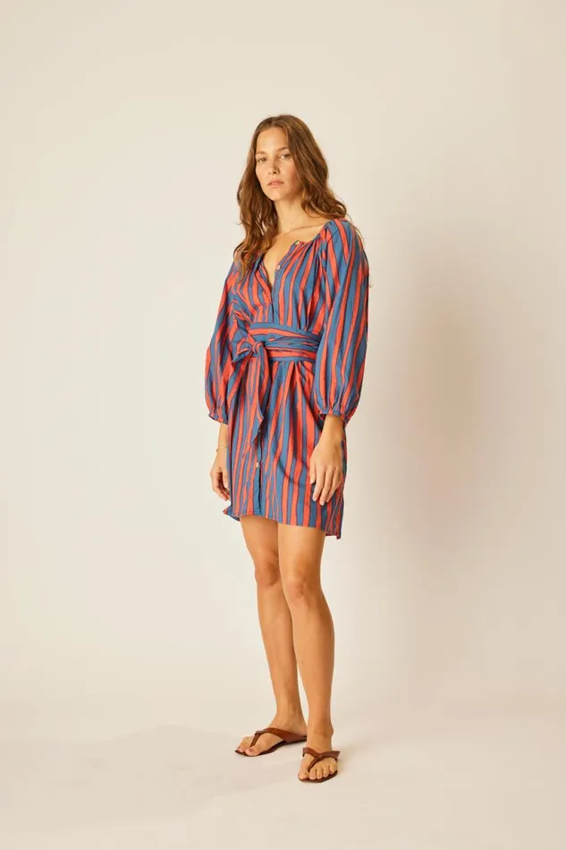 Natalie Martin ALEX SHORT DRESS WITH SASH Batik Stripe Sage Shop Dresses