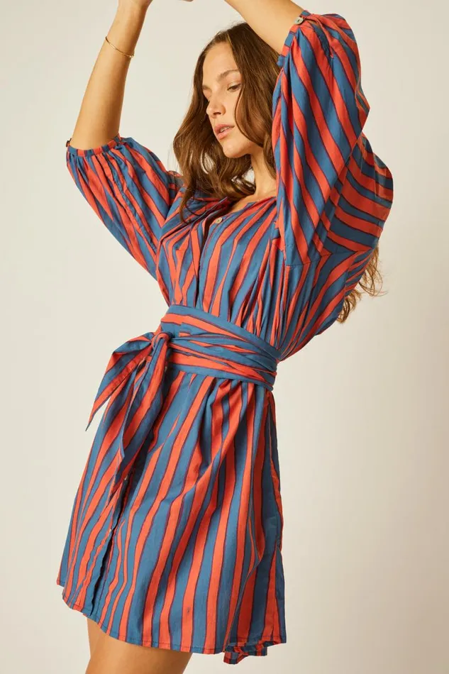 Natalie Martin ALEX SHORT DRESS WITH SASH Batik Stripe Sage Shop Dresses