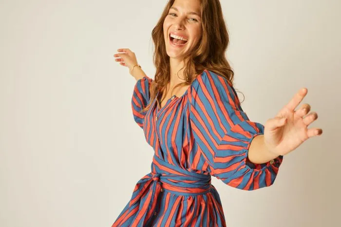 Natalie Martin ALEX SHORT DRESS WITH SASH Batik Stripe Sage Shop Dresses