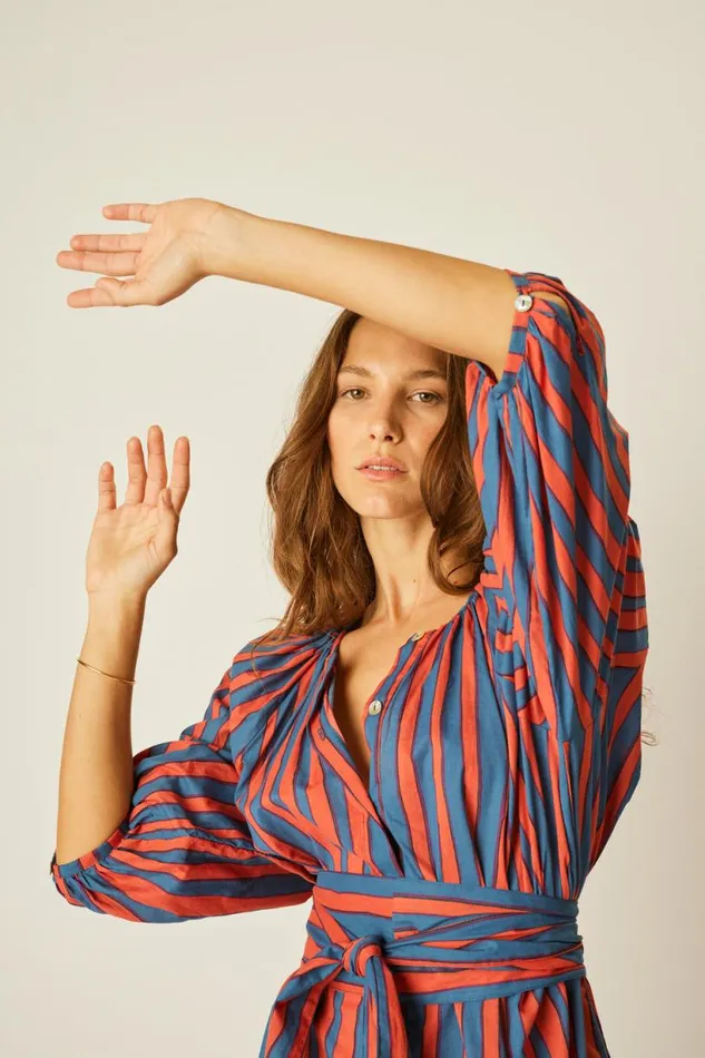 Natalie Martin ALEX SHORT DRESS WITH SASH Batik Stripe Sage Shop Dresses