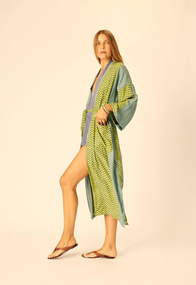 Natalie Martin DIANE LONG ROBE Block Zigzag Lime Shop Coverups