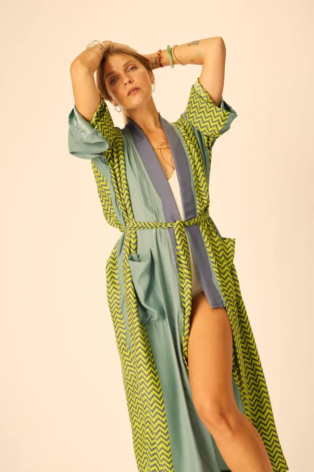 Natalie Martin DIANE LONG ROBE Block Zigzag Lime Shop Coverups