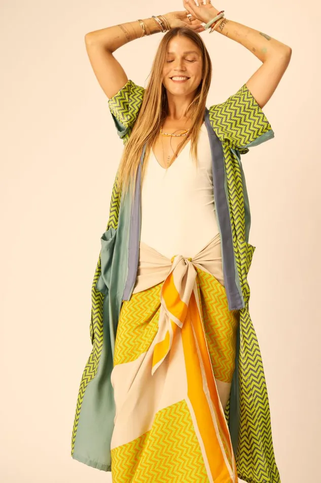 Natalie Martin DIANE LONG ROBE Block Zigzag Lime Shop Coverups