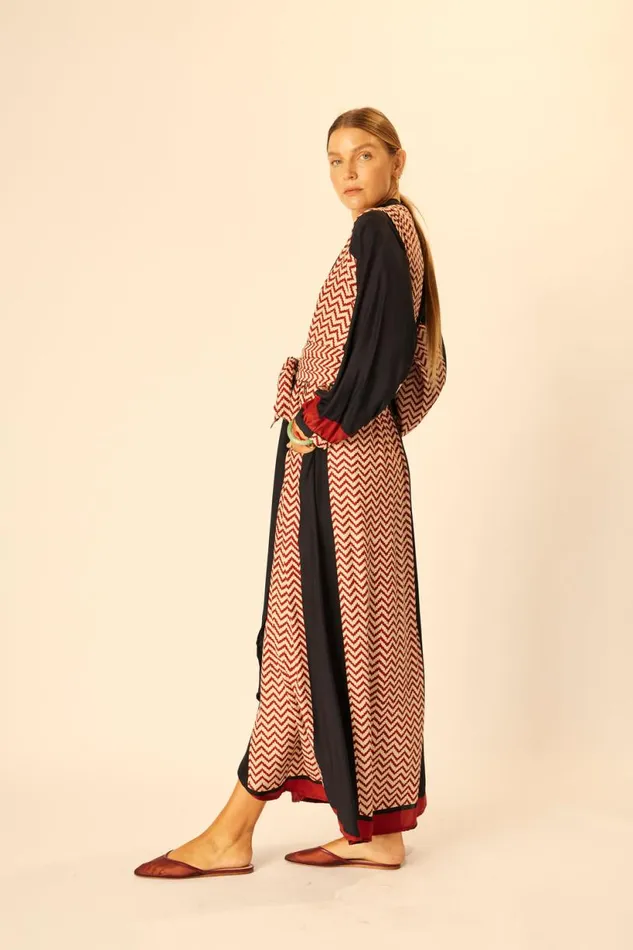 Natalie Martin NICO LS MAXI WITH SASH Block Zigzag Noire Shop Dresses