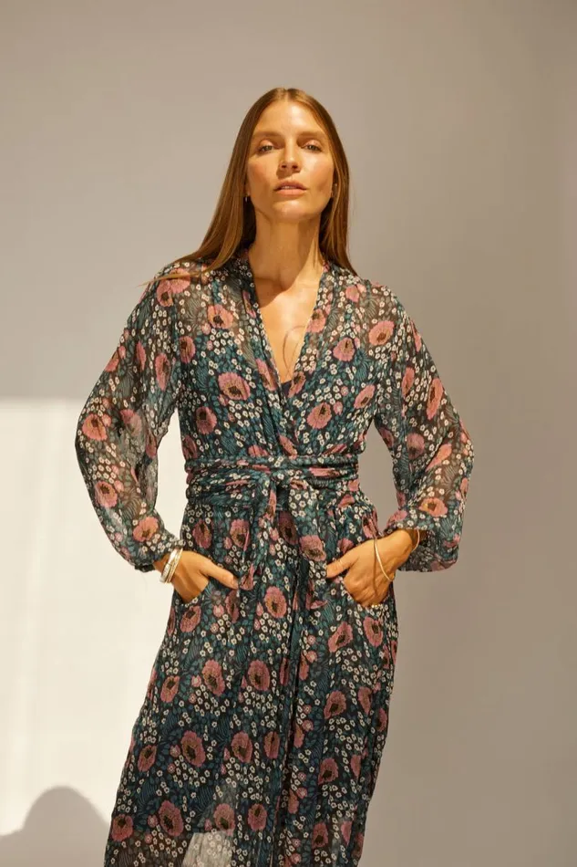 Natalie Martin NICO LS MAXI WITH SASH Vintage Flowers Indigo Shop Dresses