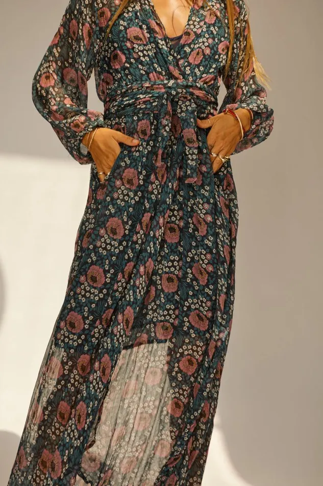 Natalie Martin NICO LS MAXI WITH SASH Vintage Flowers Indigo Shop Dresses