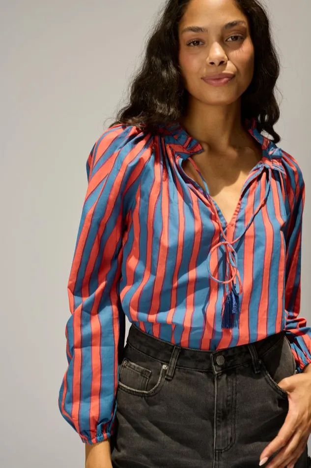 Natalie Martin PENNY BLOUSE Batik Stripe Blood Orange Shop Tops
