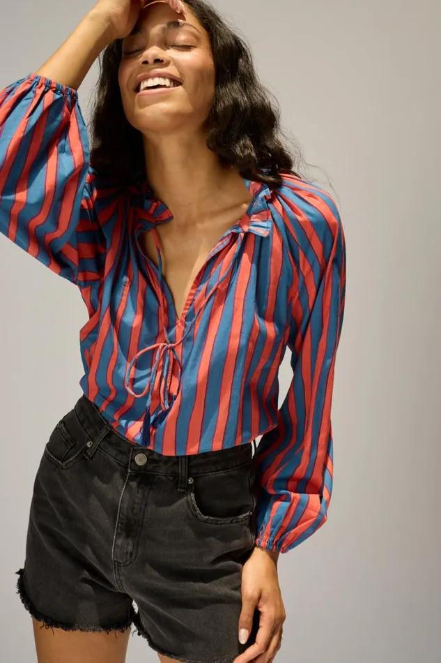 Natalie Martin PENNY BLOUSE Batik Stripe Blood Orange Shop Tops