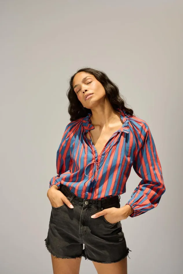 Natalie Martin PENNY BLOUSE Batik Stripe Blood Orange Shop Tops