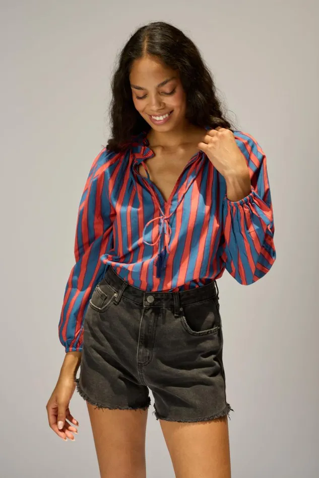 Natalie Martin PENNY BLOUSE Batik Stripe Blood Orange Shop Tops