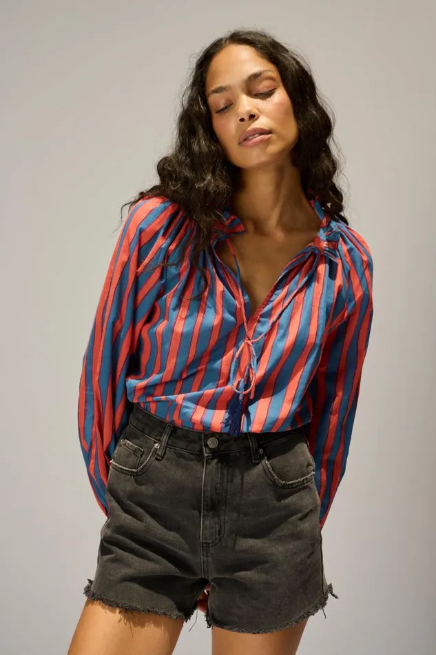 Natalie Martin PENNY BLOUSE Batik Stripe Blood Orange Shop Tops