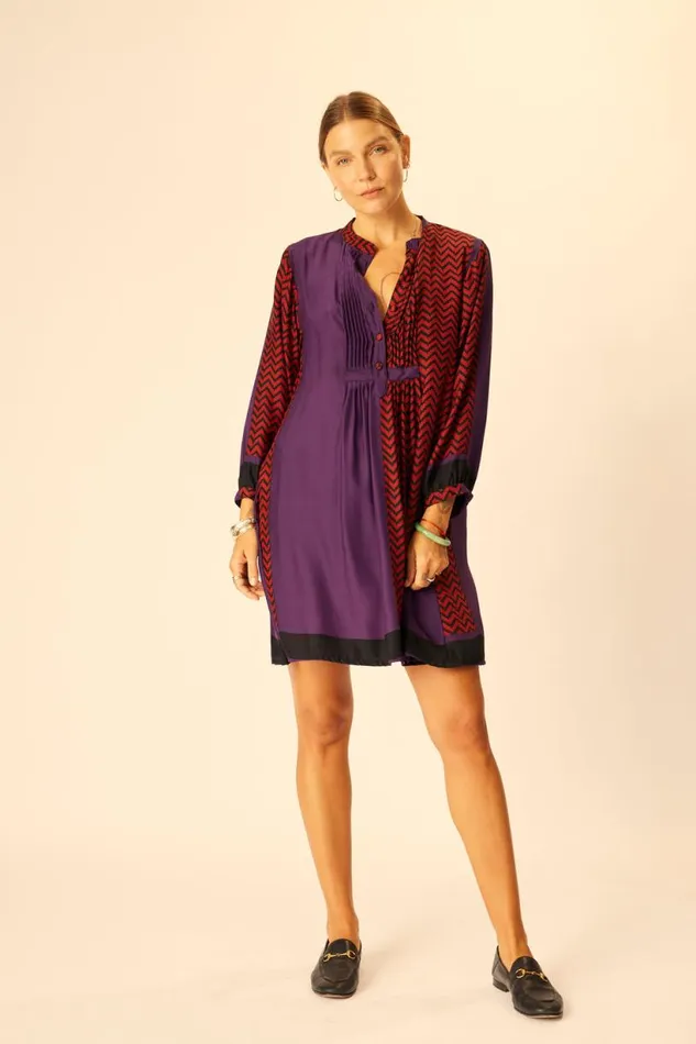 Natalie Martin SAMMIE SHORT DRESS Block Zigzag Aubergine Shop Dresses