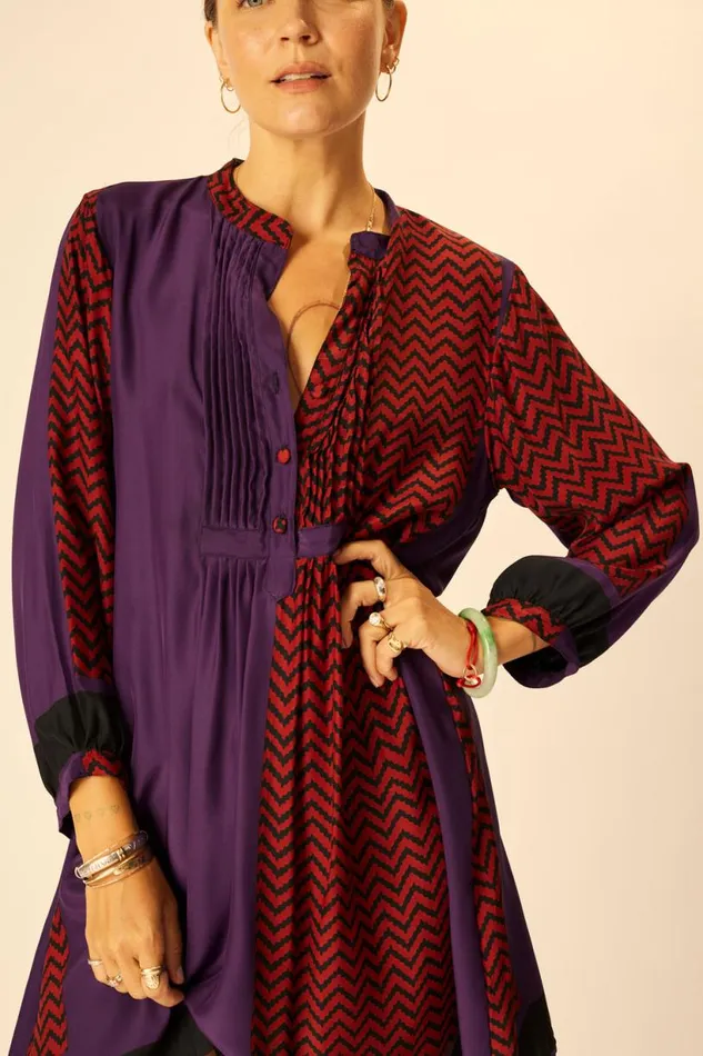 Natalie Martin SAMMIE SHORT DRESS Block Zigzag Aubergine Shop Dresses