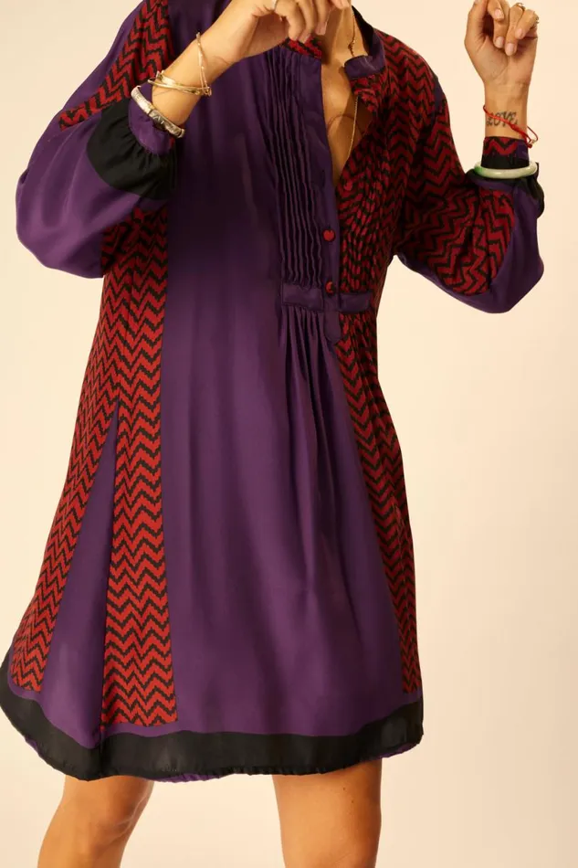 Natalie Martin SAMMIE SHORT DRESS Block Zigzag Aubergine Shop Dresses