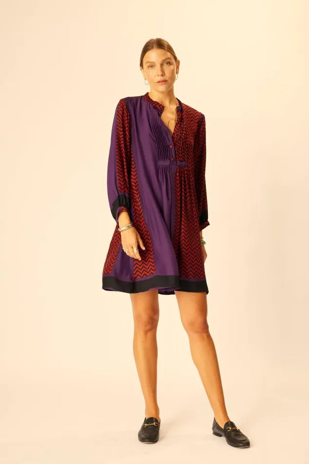 Natalie Martin SAMMIE SHORT DRESS Block Zigzag Aubergine Shop Dresses