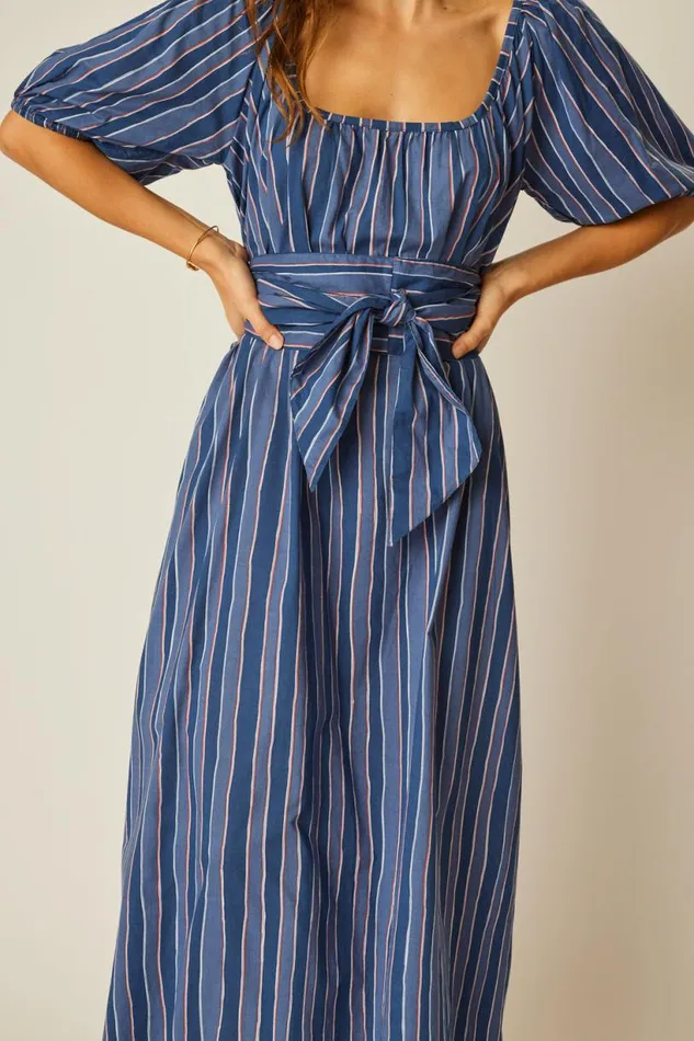 Natalie Martin VIVI DRESS WITH MATCHING SASH BELT Batik Stripe Navy Shop Dresses
