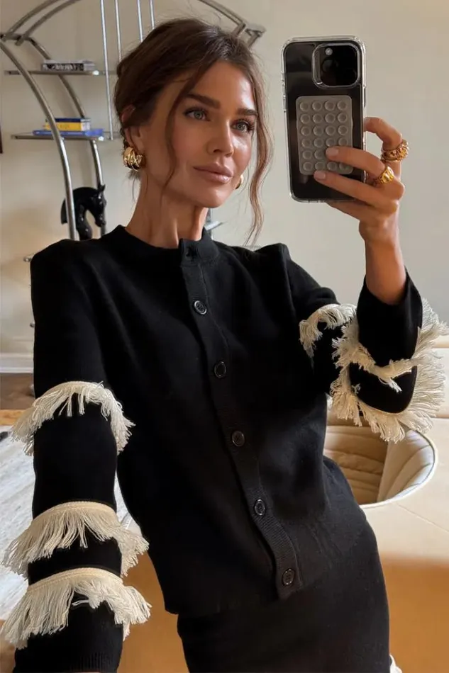 Never Fully Dressed Black And Cream Fringe Holly Cardigan Women Knitwear