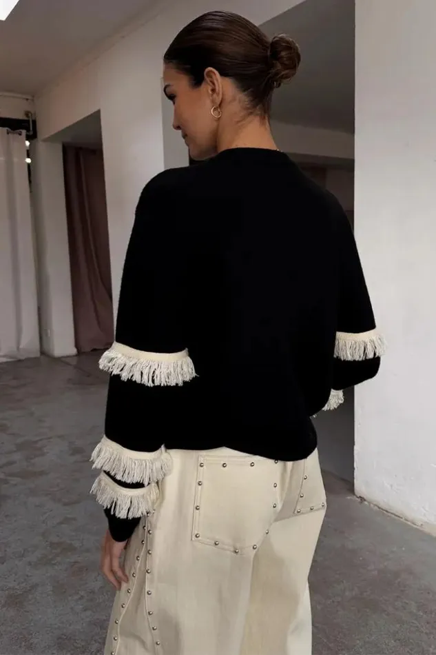 Never Fully Dressed Black And Cream Fringe Holly Cardigan Women Knitwear