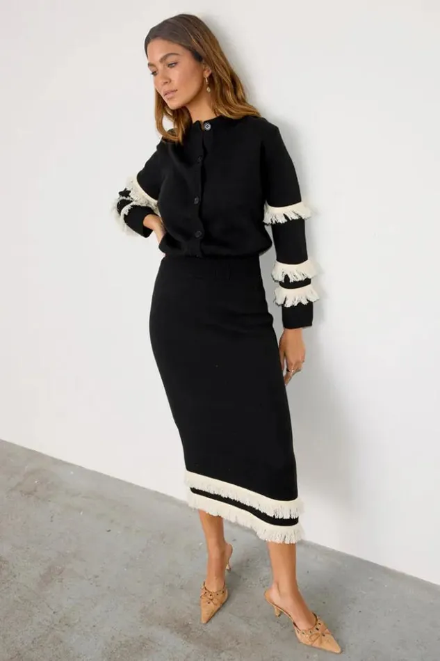 Never Fully Dressed Black And Cream Fringe Holly Cardigan Women Knitwear