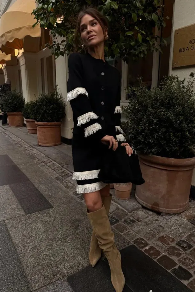 Never Fully Dressed Black And Cream Fringe Holly Cardigan Women Knitwear