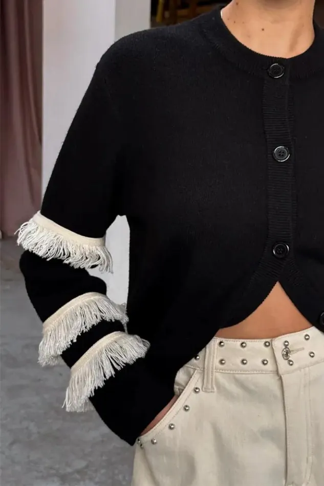 Never Fully Dressed Black And Cream Fringe Holly Cardigan Women Knitwear