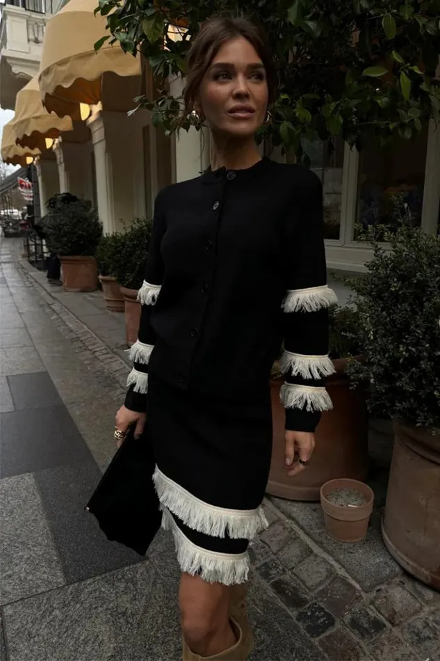 Never Fully Dressed Black And Cream Fringe Holly Cardigan Women Knitwear