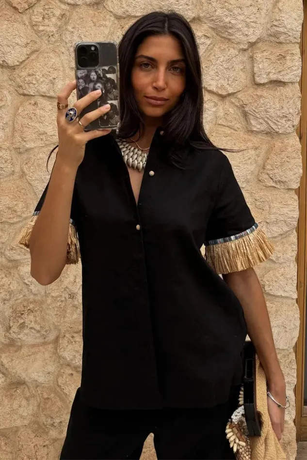 Never Fully Dressed Black Raffia Shirt Women Shirts