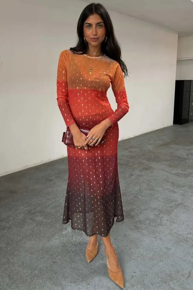 Never Fully Dressed Orange Sunset Mesh Dress Petite Women Petite