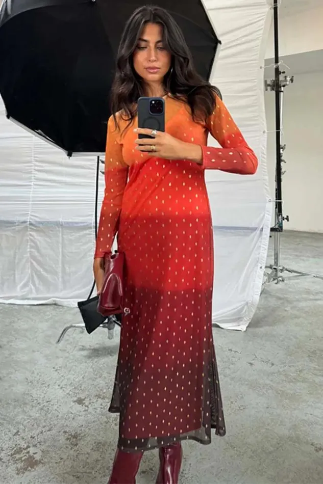 Never Fully Dressed Orange Sunset Mesh Dress Petite Women Petite