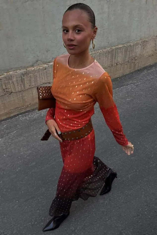 Never Fully Dressed Orange Sunset Mesh Dress Petite Women Petite