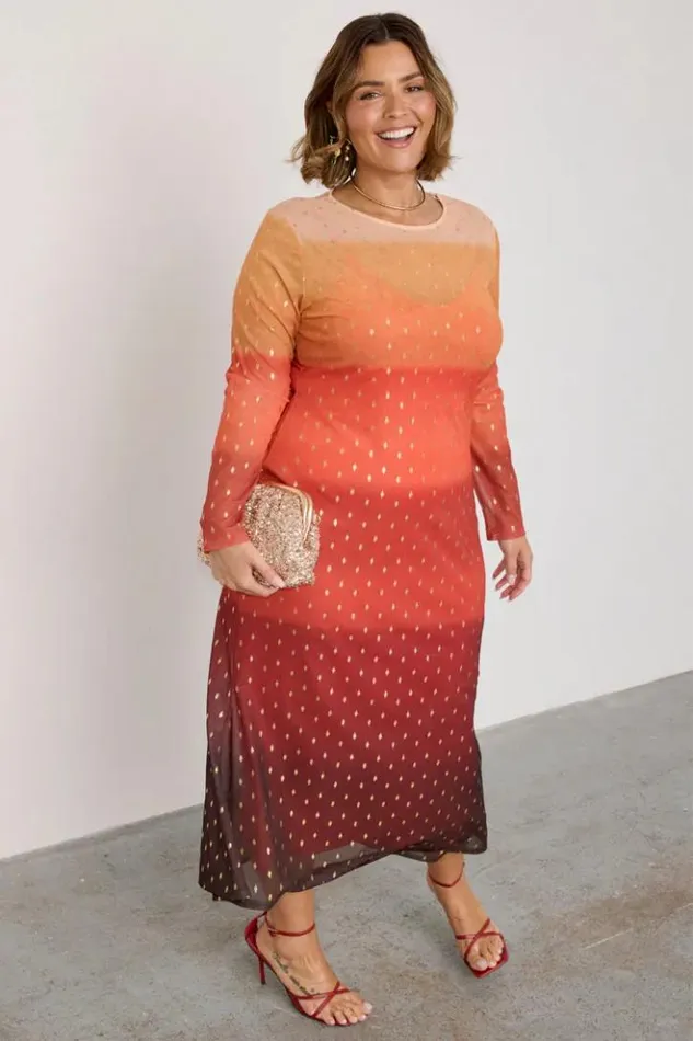 Never Fully Dressed Orange Sunset Mesh Dress Petite Women Petite