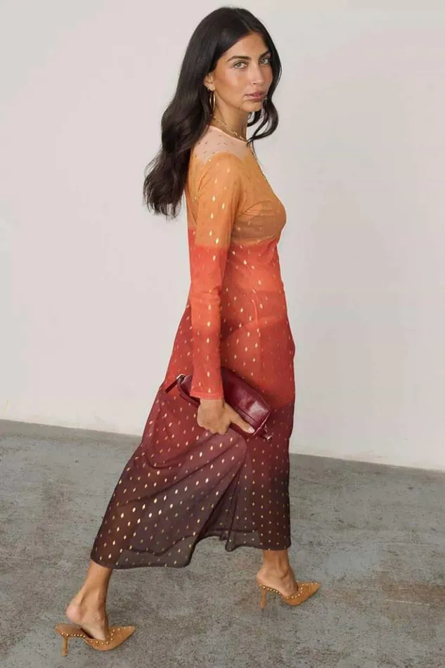 Never Fully Dressed Orange Sunset Mesh Dress Petite Women Petite