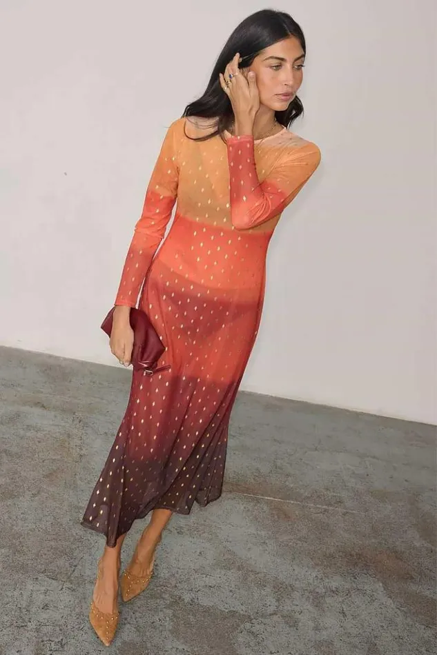 Never Fully Dressed Orange Sunset Mesh Dress Petite Women Petite