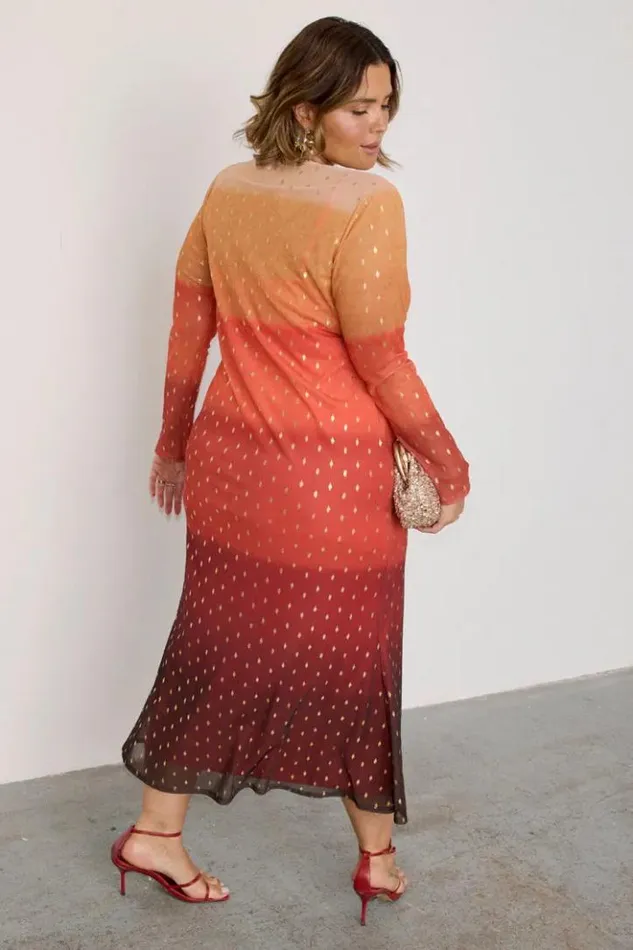 Never Fully Dressed Orange Sunset Mesh Dress Petite Women Petite