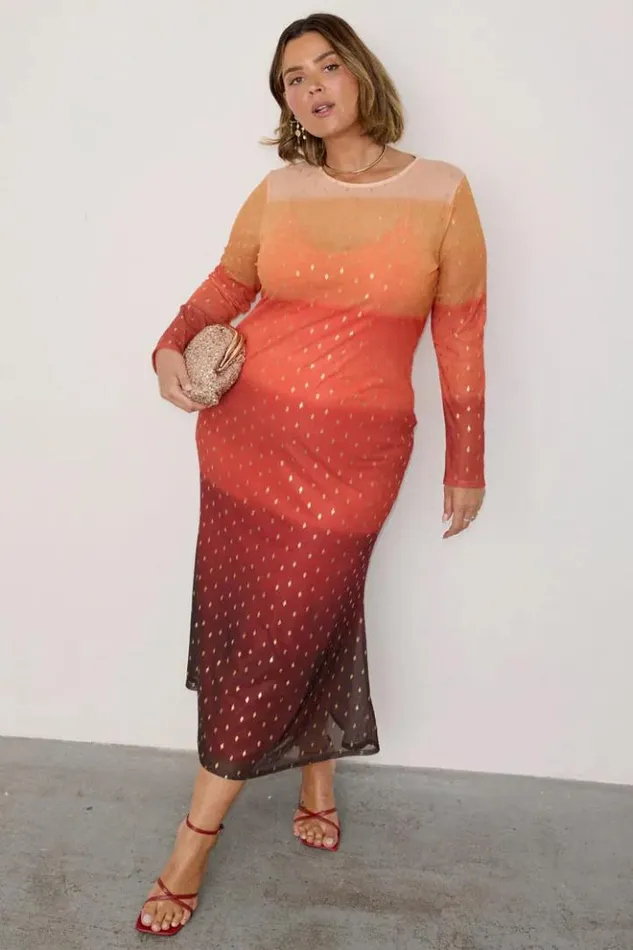 Never Fully Dressed Orange Sunset Mesh Dress Petite Women Petite