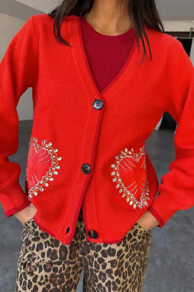 Never Fully Dressed Red Heart Cardigan Women Knitwear