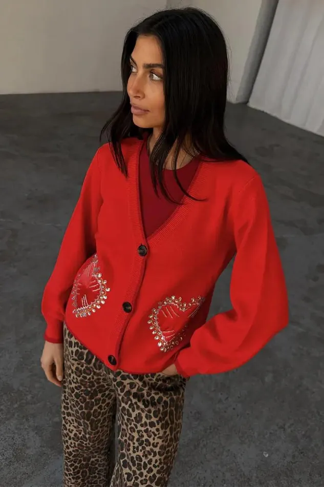 Never Fully Dressed Red Heart Cardigan Women Knitwear