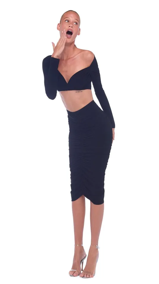 Norma Kamali Bottoms SHIRRED SKIRT TO KNEE Black 8211 Clothing