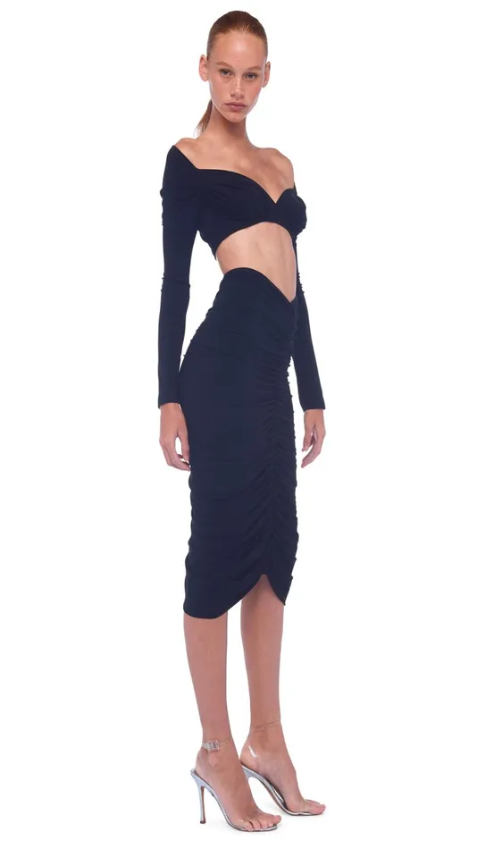 Norma Kamali Bottoms SHIRRED SKIRT TO KNEE Black 8211 Clothing