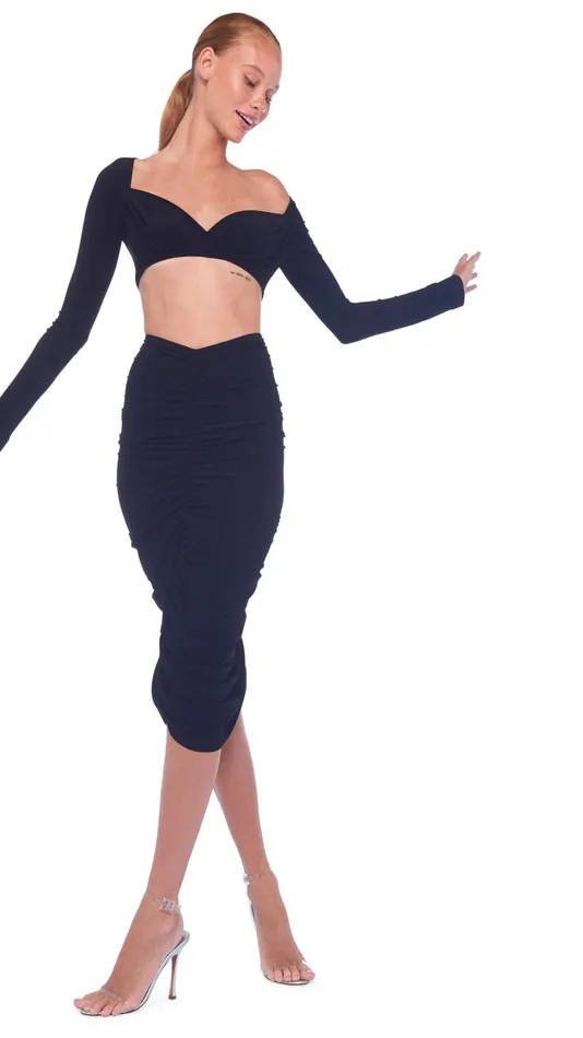 Norma Kamali Bottoms SHIRRED SKIRT TO KNEE Black 8211 Clothing
