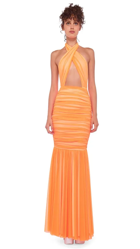 Norma Kamali Dresses CROSS HALTER FISHTAIL GOWN Neon Orange 8211 Clothing
