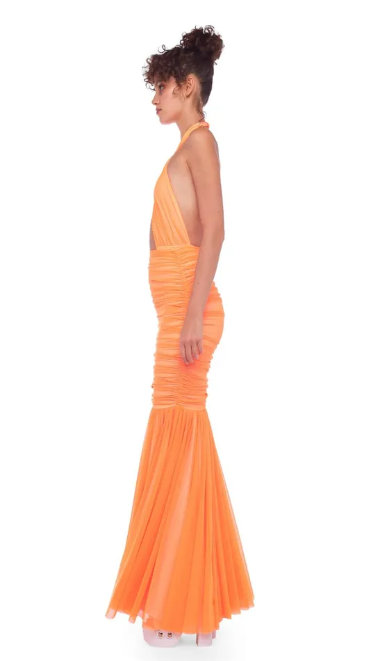 Norma Kamali Dresses CROSS HALTER FISHTAIL GOWN Neon Orange 8211 Clothing