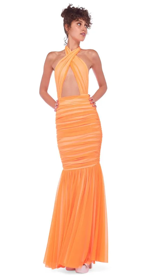Norma Kamali Dresses CROSS HALTER FISHTAIL GOWN Neon Orange 8211 Clothing